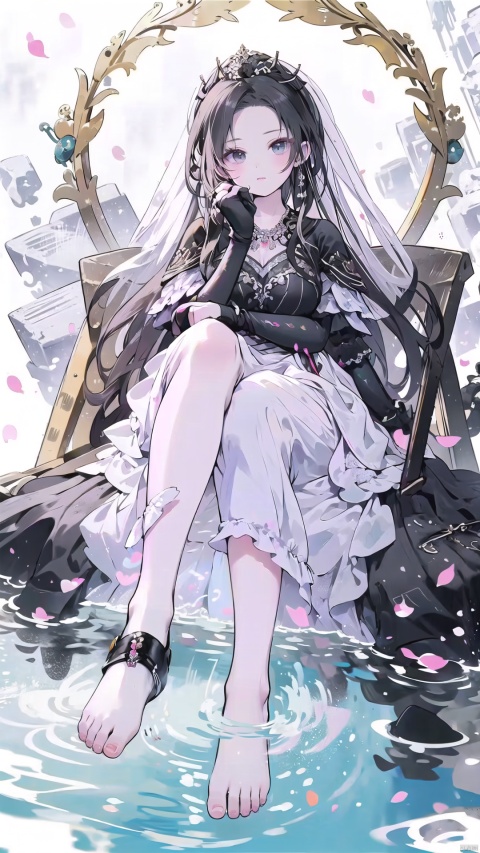  zukong,foot focus,foot up, (beautiful, best quality, high quality, masterpiece:1.3) ,
(full_body:1.2),solo, solo focus,hidden hands,
(nsfw:0.5),huge breasts,Oval face, Water snake waist,big eye,Big wave hairstyle,
Black lolita gothic, Black bridal veil,Black bridal gauntlets,(fingerless gloves),bouquet, Crystal earrings, Crystal necklace, Black wedding headdress,
(no background),18yo girl, liuyifei, zukong