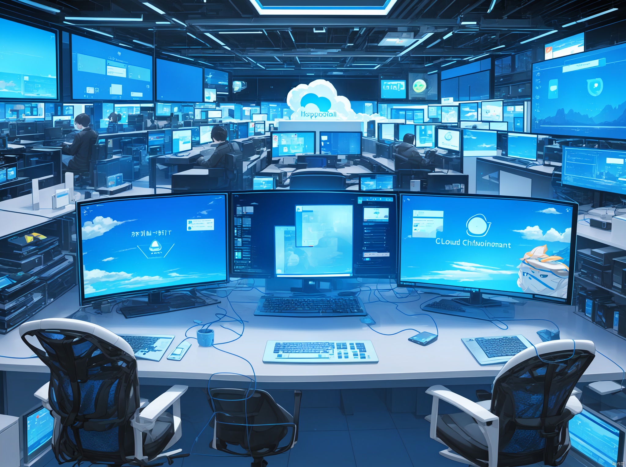 Work in front of the computer, Cloud customer service, Keep the text in mind for risk control security, Text Protection: Customers protect themselves, Transparent smartphone,Work on a computer desktop, Cloud customer service, Keep the text in mind for risk control security, Text Protection: Customers protect themselves, holographic interface, fantasy, Transparent smartphone