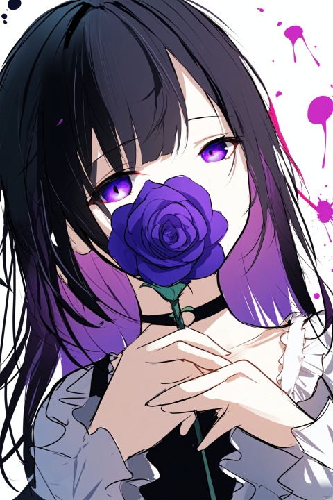 masterpiece,best quality,high quality,(colorful),[Artist toosaka asagi],[[[Artist wlop]]],[Artist chen bin],[Artist omone hokoma agm],1girl, solo, Long hair, black hair, purple gradient hair, purple eyes, blunt bangs, hair over one eye, glowing eyes, gothic, lace_trim, long sleeves, frilled shirt, skirt, choker, detached_sleeve, upper body, (half-closed eyes), chibi, looking at viewer, dutch angle, white background, (sketch:1.2), (cropped torso), ink splatter, purple rose, holding rose, covering mouth, masterpiece,bestquality, robinSR,march7th