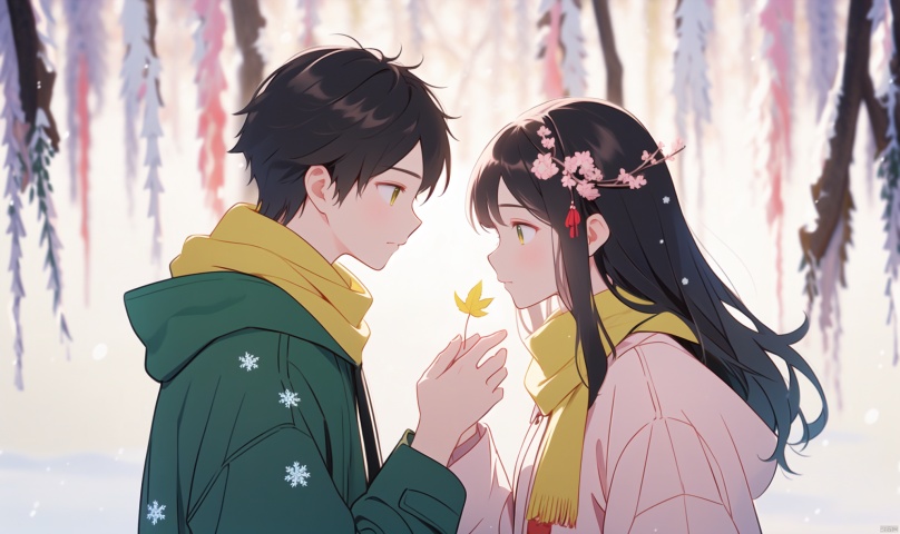 1girl, long hair, bangs, brown hair, black hair, long sleeves, 1boy, closed mouth, upper body, hetero, hand up, scarf, looking at another, coat, profile, leaf, expressionless, wind, light particles, eye contact, height difference, branch, white scarf, autumn leaves, yellow theme, clothes grab, A couple look at each other affectionately, Aesthetic, The seasons change, Winter, Autumn, Spring, Summer, Snow theme, Purple theme, Green theme, It snows, Willow tree, Peach blossom, from side, yinwen,no humans