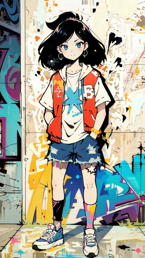  best quality,masterpiece,illustration,earrings,,hand in pocket,Denim shorts,an extremely delicate and beautiful,extremely detailed,CG,unity,8k,wallpaper,Amazing,finely detail,1 girl, solo, street, graffiti, white short sleeved, denim jacket, denim shorts, sneakers, spray painting,graffiti on the wall, hip-hop, street culture, jtc