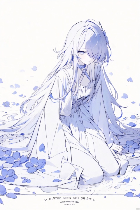  1girl, blue eyes, white long translucent night gown, expressionless, (white hair), hair cover one eye, long hair, blue hair flower, kneeling on lake, blood, (plenty of blue petals:1.35), (white background:1.5), (English text), greyscale, monochrome,greyscale,monochrome,sketch, liuying