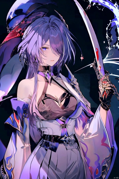  1girl, purple hair, dark purple hair, purple clip on hair, wearing Japanese clothes, Japanese clothes, purple and white Japanese clothes, holding a sword, holding a purple shiny sword, glowing purple sword, Japanese type sword, background charry blossom trees, beautiful pinkish charry blossom trees, dark purple sky, look at the view, lora:more_details:0.5, vibrant colors, masterpiece, sharp focus, best quality, depth of field, cinematic lighting, lora:more_details:0.5,wearing an apron, lora:more_details:0.5, naked and wearing an apron, Ymir Fritz, katana