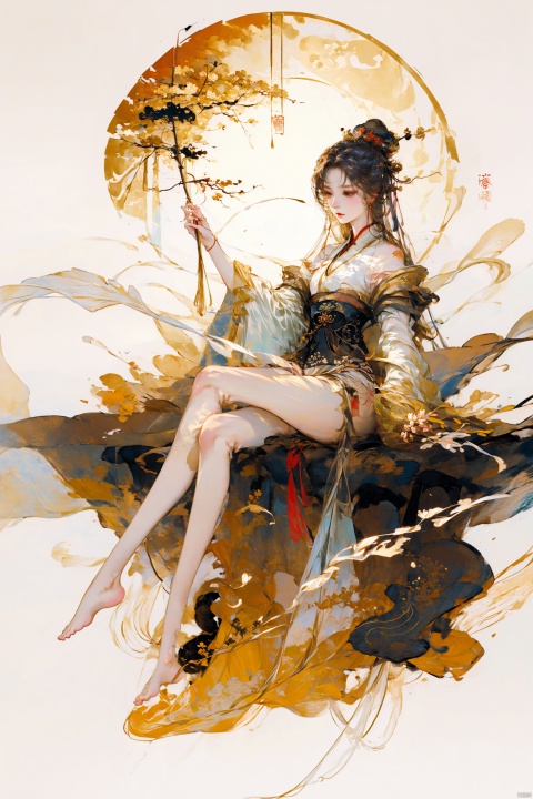  A girl, full-body photo, indoor, Hanfu, long hair fluttering, classical beauty, Chinese style.,Long legs,Show long legs,Golden Hanfu, bright and shining,((white hair)),((Bare legs)),((barefoot)),((Solid color background)),Xiangyun, China Cloud, Ink scattering_Chinese style, Dragon and girl, dan ding he