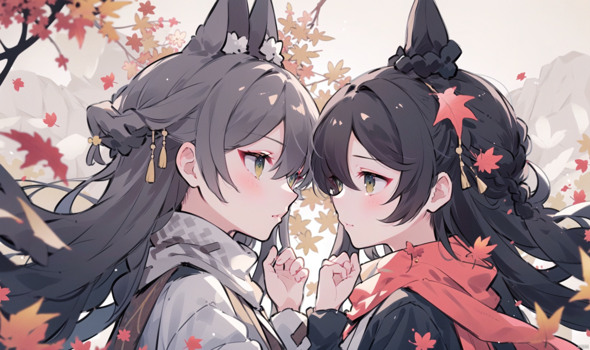1girl, long hair, bangs, brown hair, black hair, long sleeves, 1boy, closed mouth, upper body, hetero, hand up, scarf, looking at another, coat, profile, leaf, expressionless, wind, light particles, eye contact, height difference, branch, white scarf, autumn leaves, yellow theme, clothes grab, A couple look at each other affectionately, Aesthetic, The seasons change, from side, yinwen,no humans