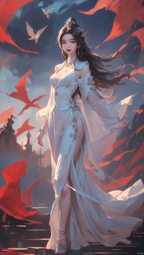  1girl,cowboy shot,magical abstraction, white wavy hair, (delicate and beautiful oriental face), perky breasts, (upper thighs shot:1.3), (fantasy style, 8K, masterpiece, best quality:1.15), (flying in the sky:1.6),
(intricate details:0.9), (hdr, hyperdetailed:1.2),magiccircle,(floating:1.2),long hair,headwear,(standing),((dress,skirt)),, (chinese_clothes), ((tattoo)), (jewelry), (bracelet),((full body,whole body)),sweet smile, (medium breasts),((hair_ornament)),(cleavage:0.797), ((looking_at_viewer)), yanruyu, Detail, , fazhen