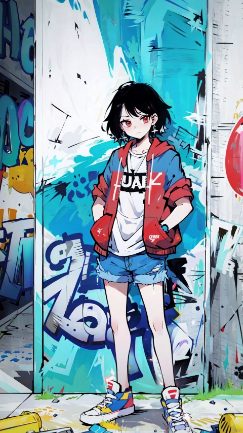  best quality,masterpiece,illustration,earrings,,hand in pocket,Denim shorts,an extremely delicate and beautiful,extremely detailed,CG,unity,8k,wallpaper,Amazing,finely detail,1 girl, solo, street, graffiti, white short sleeved, denim jacket, denim shorts, sneakers, spray painting,graffiti on the wall, hip-hop, street culture, jtc