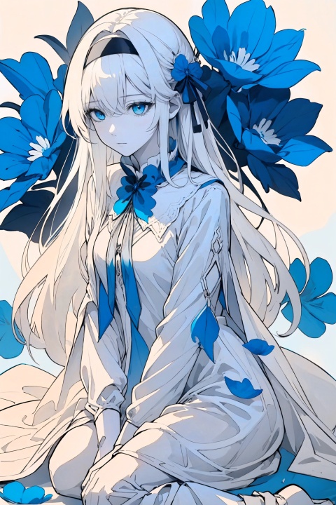  1girl, blue eyes, white long translucent night gown, expressionless, (white hair), hair cover one eye, long hair, blue hair flower, kneeling on lake, blood, (plenty of blue petals:1.35), (white background:1.5), (English text), greyscale, monochrome,greyscale,monochrome,sketch, liuying