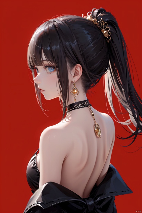  nai3, 1girl, solo, dress, red background, jewelry, blue eyes, ponytail, black hair, earrings, red nails, black dress, long hair, simple background, from behind, looking at viewer, looking back, bare shoulders, nail polish, bangs, backless outfit, choker, backless dress, profile, back, necklace, cowboy shot, gem, bracelet, hair ornament