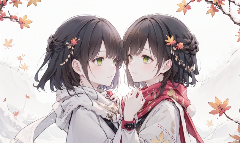 1girl, long hair, bangs, brown hair, black hair, long sleeves, 1boy, closed mouth, upper body, hetero, hand up, scarf, looking at another, coat, profile, leaf, expressionless, wind, light particles, eye contact, height difference, branch, white scarf, autumn leaves, yellow theme, clothes grab, A couple look at each other affectionately, Aesthetic, The seasons change, Winter, Autumn, Spring, Summer, Snow theme, Purple theme, Green theme, It snows, Willow tree, Peach blossom, from side, yinwen,no humans