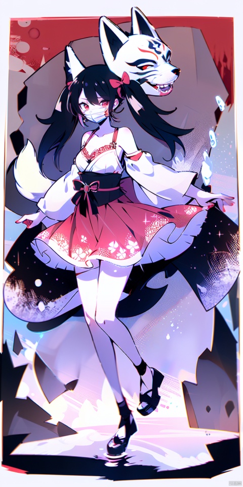  1girl, solo, long hair, breasts, looking at viewer, bangs, black hair, red eyes, long sleeves, dress, bow, holding, cleavage, hair between eyes, bare shoulders, twintails, medium breasts, very long hair, full body, detached sleeves, japanese clothes, water, sash, bare legs, thigh strap, mask, obi, red dress, pink dress, red nails, fish, string, fox mask, ripples, string of fate, holding mask, tattoo on stomach, spread leg