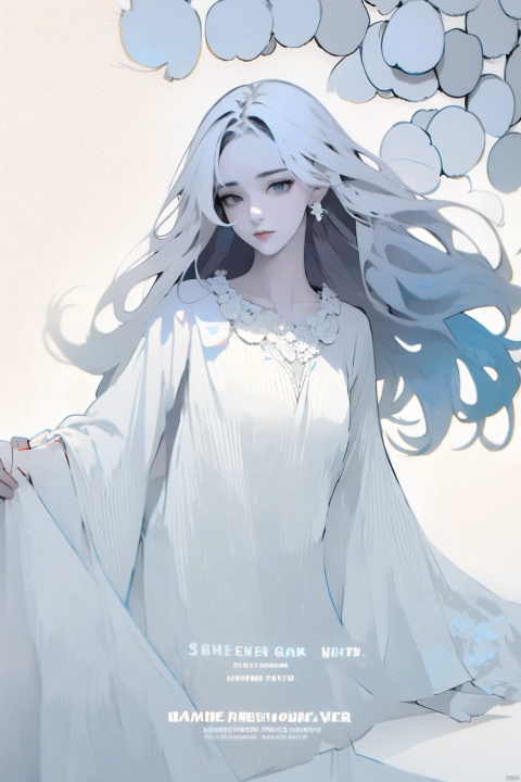  1girl, blue eyes, white long translucent night gown, expressionless, (white hair), hair cover one eye, long hair, blue hair flower, kneeling on lake, blood, (plenty of blue petals:1.35), (white background:1.5), (English text), greyscale, monochrome,greyscale,monochrome,sketch, liuying, meiren-red lips, Diagram