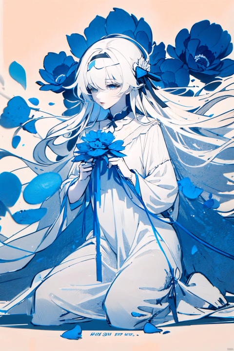  1girl, blue eyes, white long translucent night gown, expressionless, (white hair), hair cover one eye, long hair, blue hair flower, kneeling on lake, blood, (plenty of blue petals:1.35), (white background:1.5), (English text), greyscale, monochrome,greyscale,monochrome,sketch, liuying, meiren-red lips, Diagram