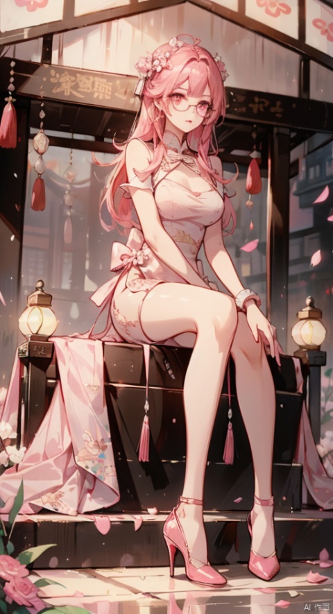  High quality, ultra high definition, surreal, highest resolution, high detail, clear visuals, girl, full body portrait, sapphire eyes, red lips, exquisite facial features, looking at the camera, (facial close-up), ((pink hair)), mid chest, (round neck), tall figure,, high heels, gym,PinkMecha,latex,4k,极致细节,裸露**,油亮的乳胶衣,Chinese cheongsam,siting,(wearing exquisite glasses"。,FF pink eyes,sitting in a Chinese-style garden pavilion