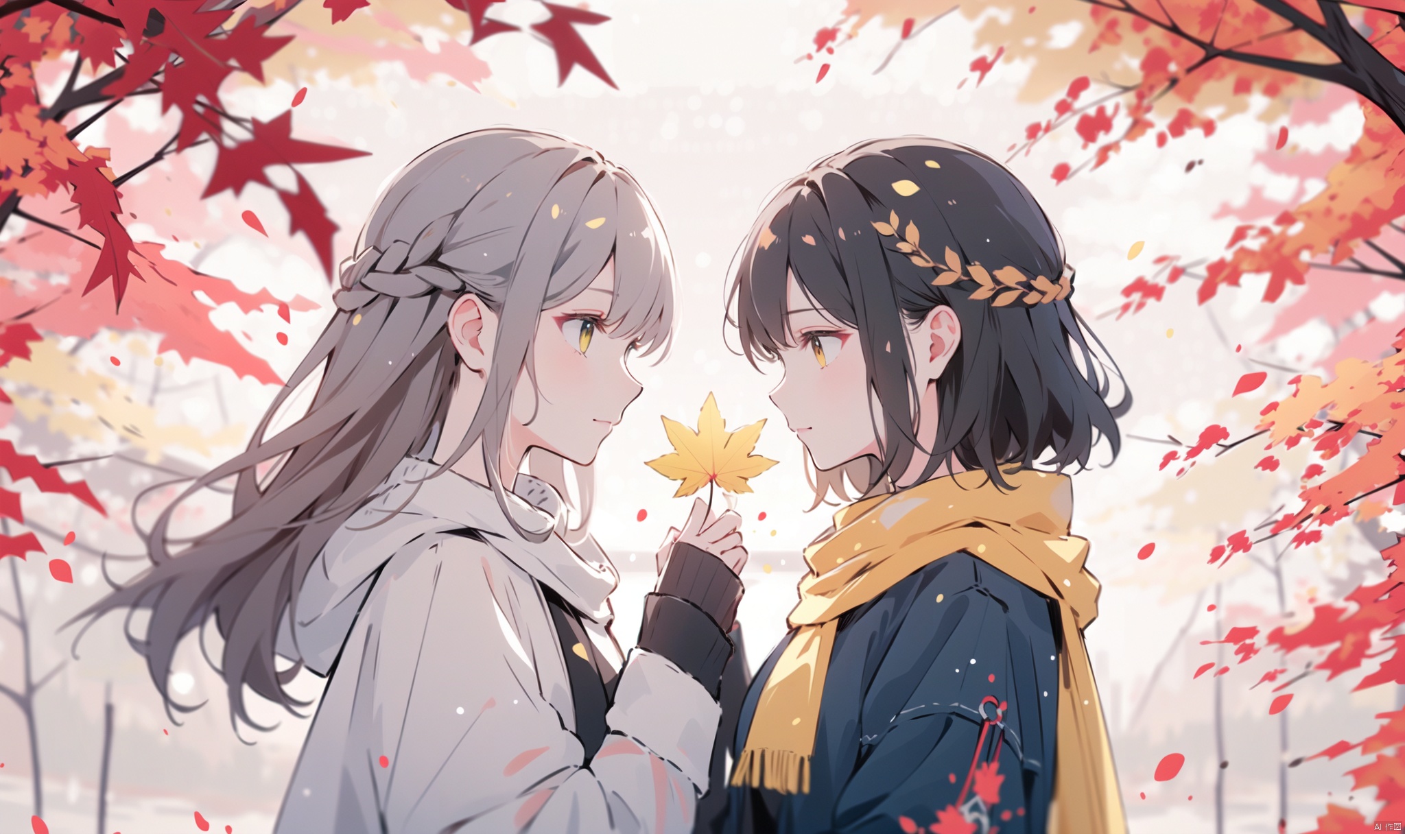 1girl, long hair, bangs, brown hair, black hair, long sleeves, 1boy, closed mouth, upper body, hetero, hand up, scarf, looking at another, coat, profile, leaf, expressionless, wind, light particles, eye contact, height difference, branch, white scarf, autumn leaves, yellow theme, clothes grab, A couple look at each other affectionately, Aesthetic, The seasons change, Winter, Autumn, Spring, Summer, from side