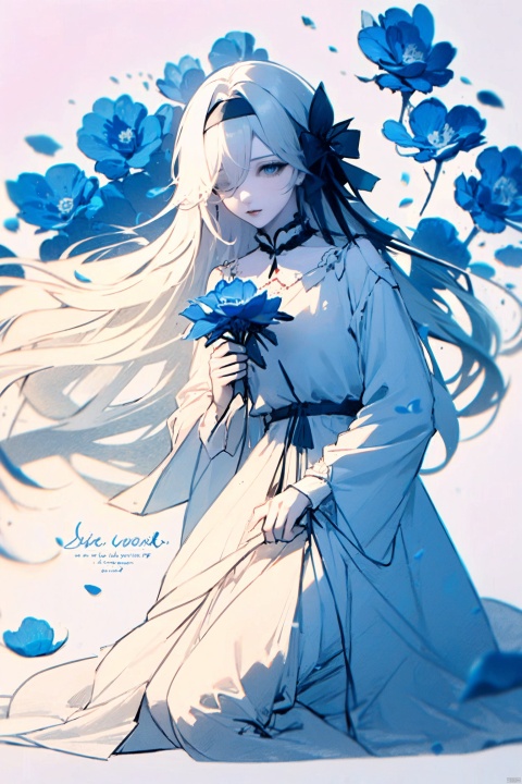  1girl, blue eyes, white long translucent night gown, expressionless, (white hair), hair cover one eye, long hair, blue hair flower, kneeling on lake, blood, (plenty of blue petals:1.35), (white background:1.5), (English text), greyscale, monochrome,greyscale,monochrome,sketch, liuying, meiren-red lips, Diagram