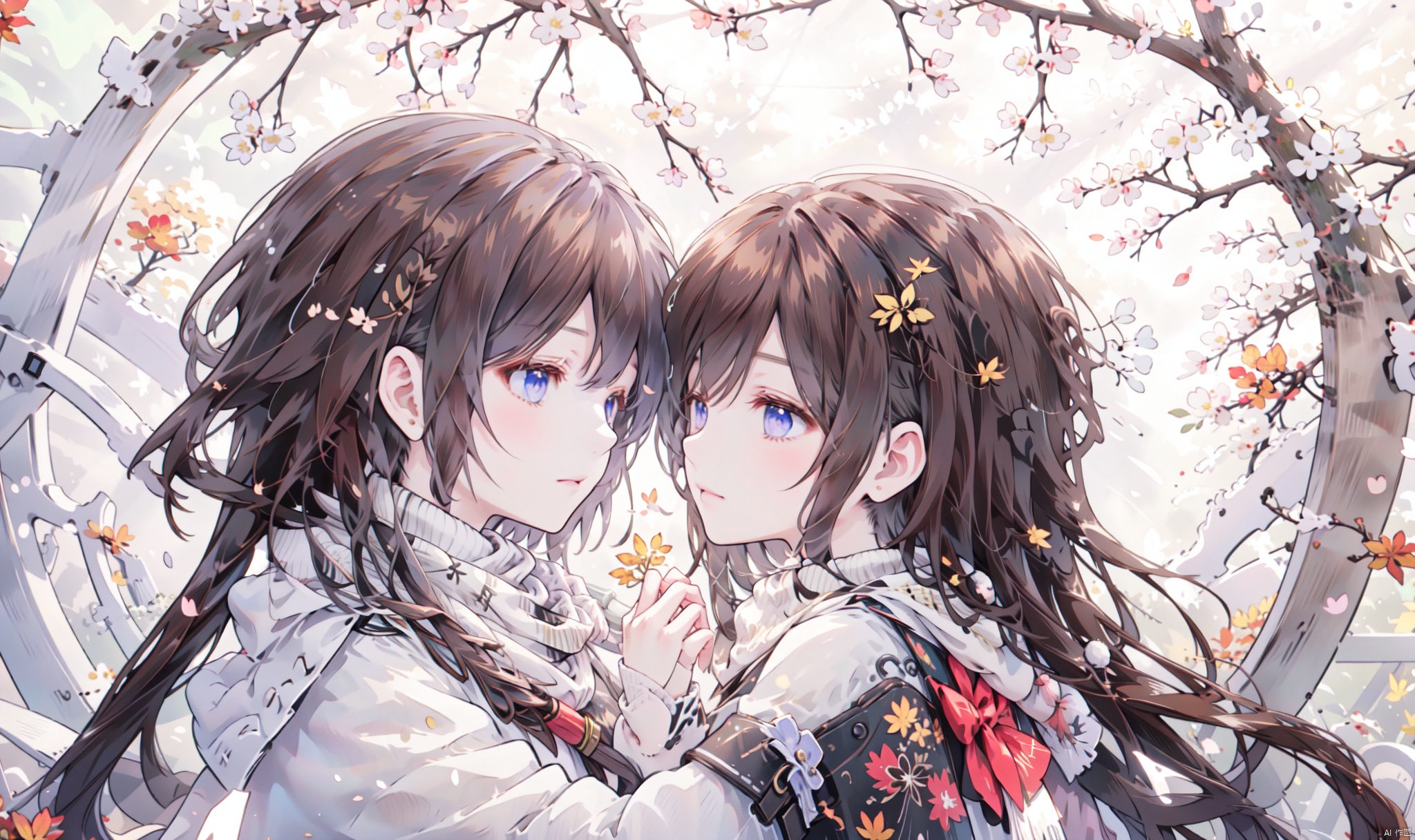 1girl, long hair, bangs, brown hair, black hair, long sleeves, 1boy, closed mouth, upper body, hetero, hand up, scarf, looking at another, coat, profile, leaf, expressionless, wind, light particles, eye contact, height difference, branch, white scarf, autumn leaves, yellow theme, clothes grab, A couple look at each other affectionately, Aesthetic, The seasons change, Winter, Autumn, Spring, Summer, Snow theme, Purple theme, Green theme, from side