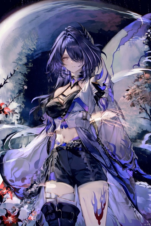  1girl, purple hair, dark purple hair, purple clip on hair, wearing Japanese clothes, Japanese clothes, purple and white Japanese clothes, holding a sword, holding a purple shiny sword, glowing purple sword, Japanese type sword, background charry blossom trees, beautiful pinkish charry blossom trees, dark purple sky, look at the view, lora:more_details:0.5, vibrant colors, masterpiece, sharp focus, best quality, depth of field, cinematic lighting, lora:more_details:0.5,wearing an apron, lora:more_details:0.5, naked and wearing an apron, Ymir Fritz, katana, spread leg