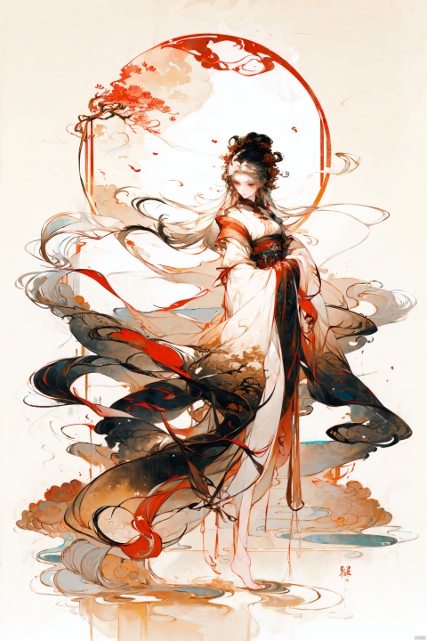  A girl, full-body photo, indoor, Hanfu, long hair fluttering, classical beauty, Chinese style.,Long legs,Show long legs,Golden Hanfu, bright and shining,((white hair)),((Bare legs)),((barefoot)),((Solid color background)),Xiangyun, China Cloud, Ink scattering_Chinese style, Dragon and girl