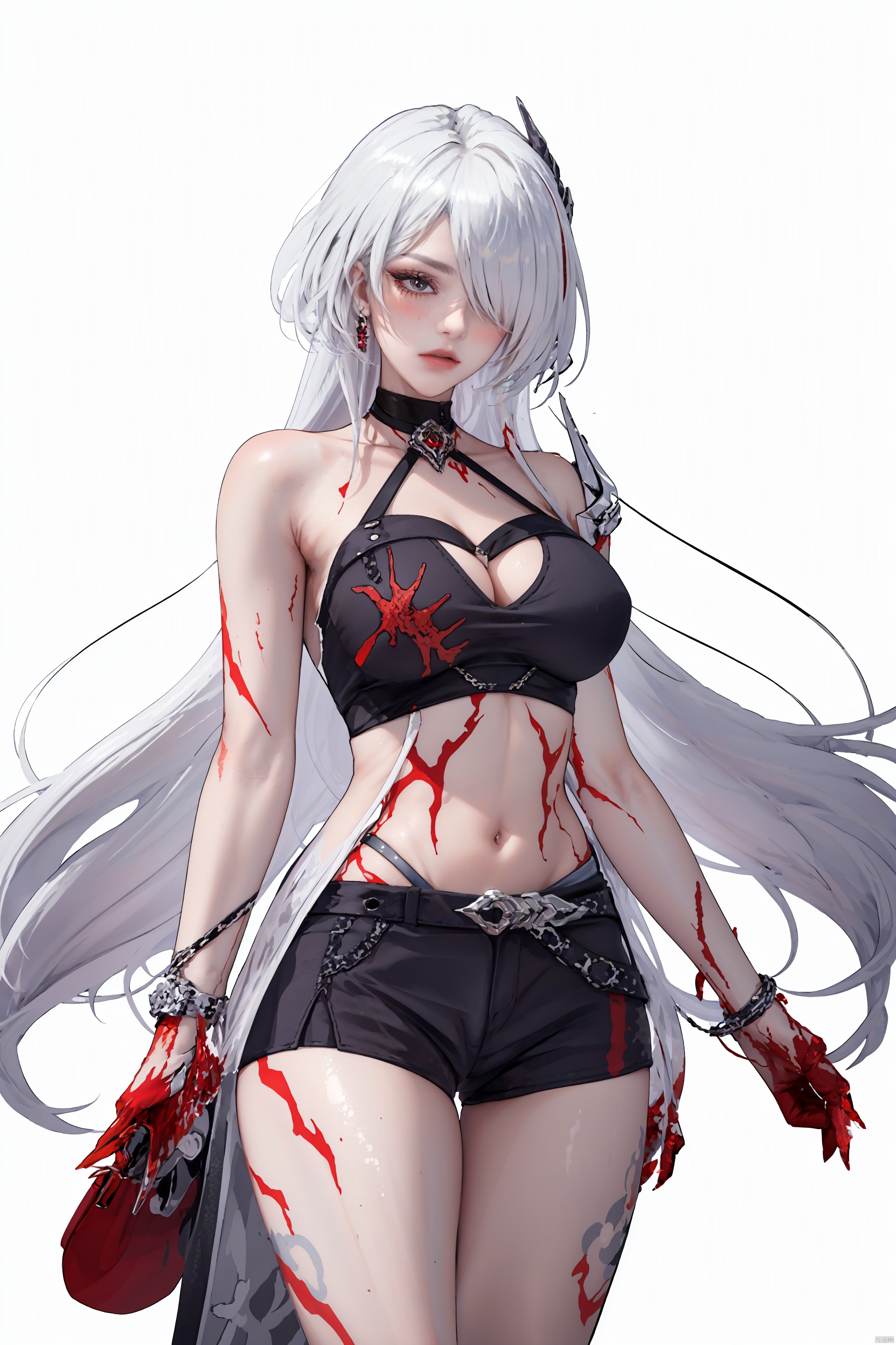  masterpiece, best quality,1girl, alternate costume, solo, bag, looking at viewer, blush, plaid, charm (object), bag charm, bangs, contemporary, sidelocks, jewelry, character name, female woman, white background, 
\\\\\\\\\\\,
(whuangquan:1.2),white hair,asymmetrical clothes,(bloody hand,red hand:1.35) eyes,long hair,hair over one eye,shorts,
