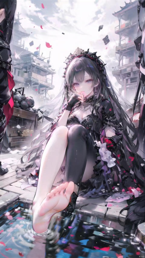  zukong,foot focus,foot up, (beautiful, best quality, high quality, masterpiece:1.3) ,
(full_body:1.2),solo, solo focus,hidden hands,
(nsfw:0.5),huge breasts,Oval face, Water snake waist,big eye,Big wave hairstyle,
Black lolita gothic, Black bridal veil,Black bridal gauntlets,(fingerless gloves),bouquet, Crystal earrings, Crystal necklace, Black wedding headdress,
(no background),18yo girl, liuyifei, zukong, Apricot eye