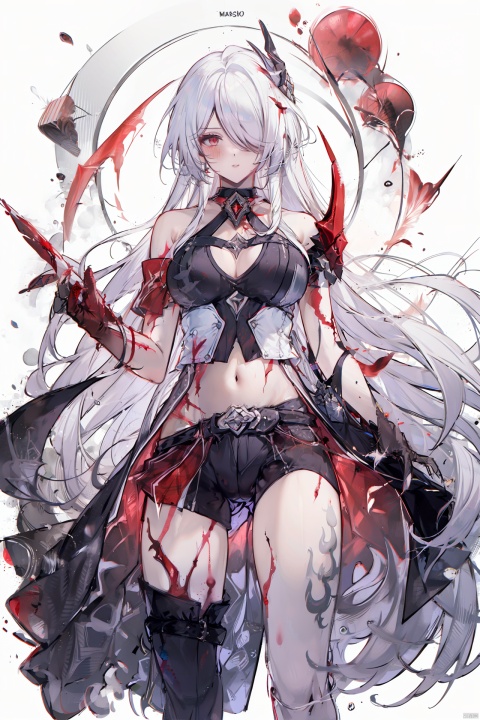  masterpiece, best quality,1girl, alternate costume, solo, bag, looking at viewer, blush, plaid, charm (object), bag charm, bangs, contemporary, sidelocks, jewelry, character name, female woman, white background, 
\\\\\\\\\\\,
(whuangquan:1.2),white hair,asymmetrical clothes,(bloody hand,red hand:1.35) eyes,long hair,hair over one eye,shorts,
, skirt_lift, tattoo on stomach, spread leg