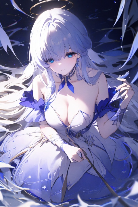  1girl, blue eyes, white long translucent night gown, expressionless, (white hair), hair cover one eye, long hair, blue hair flower, kneeling on lake, blood, (plenty of blue petals:1.35), (white background:1.5), (English text), greyscale, monochrome,greyscale,monochrome,sketch, liuying