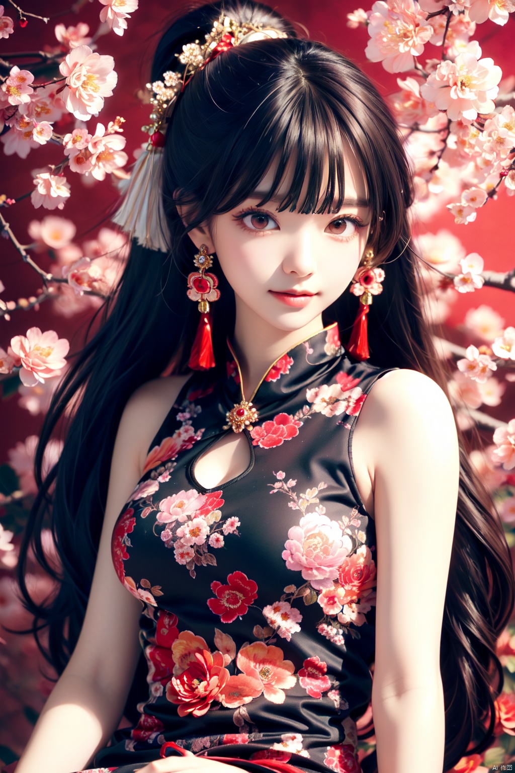  (masterpiece,best quality,absurdres:1.1), 1girl,beautiful detailed girl,fine and beautiful detailed skin,(tassel hair ornament:1.3),solo,blunt bangs,blunt tresses,ponytail,hair bow,hair ribbon,red ribbon,long hair,smile,legs up,sitting in tree,flower necklace,vines,frilled skirt, (extremely detailed beautiful background:1.1),(floral background:1.3),flower,bloom,The tree is in full bloom with flowers,glowing butterfly,butterfly,Flowers all over the ground,(Flowers blooming all over the branches,:1.1), ray tracing,reflection light,water drop,(beautiful detailed eyeliner),(beautiful detailed skin),(smooth skin),(shiny skin:0.8),(shiny:0.8),wide shot,depth of field,rainbow,