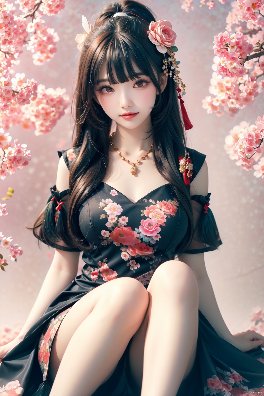  (masterpiece,best quality,absurdres:1.1), 1girl,beautiful detailed girl,fine and beautiful detailed skin,(tassel hair ornament:1.3),solo,blunt bangs,blunt tresses,ponytail,hair bow,hair ribbon,red ribbon,long hair,smile,legs up,sitting in tree,flower necklace,vines,frilled skirt, (extremely detailed beautiful background:1.1),(floral background:1.3),flower,bloom,The tree is in full bloom with flowers,glowing butterfly,butterfly,Flowers all over the ground,(Flowers blooming all over the branches,:1.1), ray tracing,reflection light,water drop,(beautiful detailed eyeliner),(beautiful detailed skin),(smooth skin),(shiny skin:0.8),(shiny:0.8),wide shot,depth of field,rainbow,