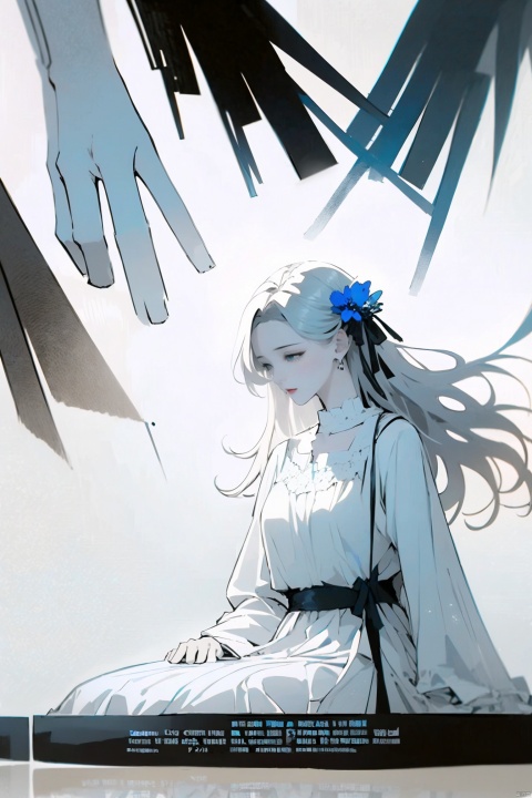  1girl, blue eyes, white long translucent night gown, expressionless, (white hair), hair cover one eye, long hair, blue hair flower, kneeling on lake, blood, (plenty of blue petals:1.35), (white background:1.5), (English text), greyscale, monochrome,greyscale,monochrome,sketch, liuying, meiren-red lips, Diagram