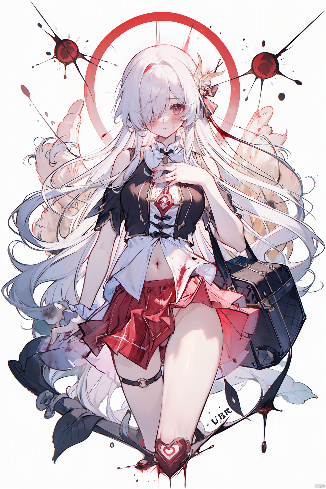  masterpiece, best quality,1girl, alternate costume, solo, bag, looking at viewer, blush, plaid, charm (object), bag charm, bangs, contemporary, sidelocks, jewelry, character name, female woman, white background, 
\\\\\\\\\\\,
(whuangquan:1.2),white hair,asymmetrical clothes,(bloody hand,red hand:1.35) eyes,long hair,hair over one eye,shorts,
, skirt_lift, tattoo on stomach, spread leg, liuying