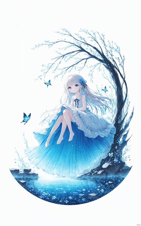  (masterpiece), (best quality), loli, dynamic angle,original,(an extremely delicate and beautiful),Perfect details,(ultra-detailed),illustration,(fantasy:1.3),(extremely detailed CG unity 8k wallpaper),(depth of field),(full body:1.233),(Livy Irwin), (white background:1.45),(transparent background:1.3),(Circular background:1.27), (1girl:1.314),detailed face,(++(A pale complexion:1.414)//),(azure blue eyes:1.233),(glowing eyes:1.233),(detailed eyes),(Silver hair:1.14),(+(hair flower:1.14)),(expressionless,closed mouth),(lolita fashion:1.14),(sitting), (abysmal sea),(flowing water),(a dull blue world tree:1.14,in the cemetery:1.233),(night:1.2),dreamy,soul,(yubao:0.5),(fluorescence),(flying translucent blue butterflies:1.15),