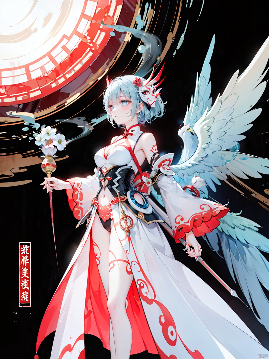  Surrounded by rotating transparent red scrolls, floating transparent red Chinese characters, dynamic, rotating, 1 girl standing in the air, not looking at the camera, writing calligraphy, solo, blue eyes, holding, weapon, holding weapon, glow, robot, mecha, science fiction, open_hand,movie lighting, strong contrast, high level of detail, best quality, masterpiece,heigirl,crystal_dress , crystal , wings,guijian, flowing skirts,（smoke）,Giant flowers, tattoo, mask, greendesign, Ink painting, Hourglass body shape, lora_eyes10, zgct color