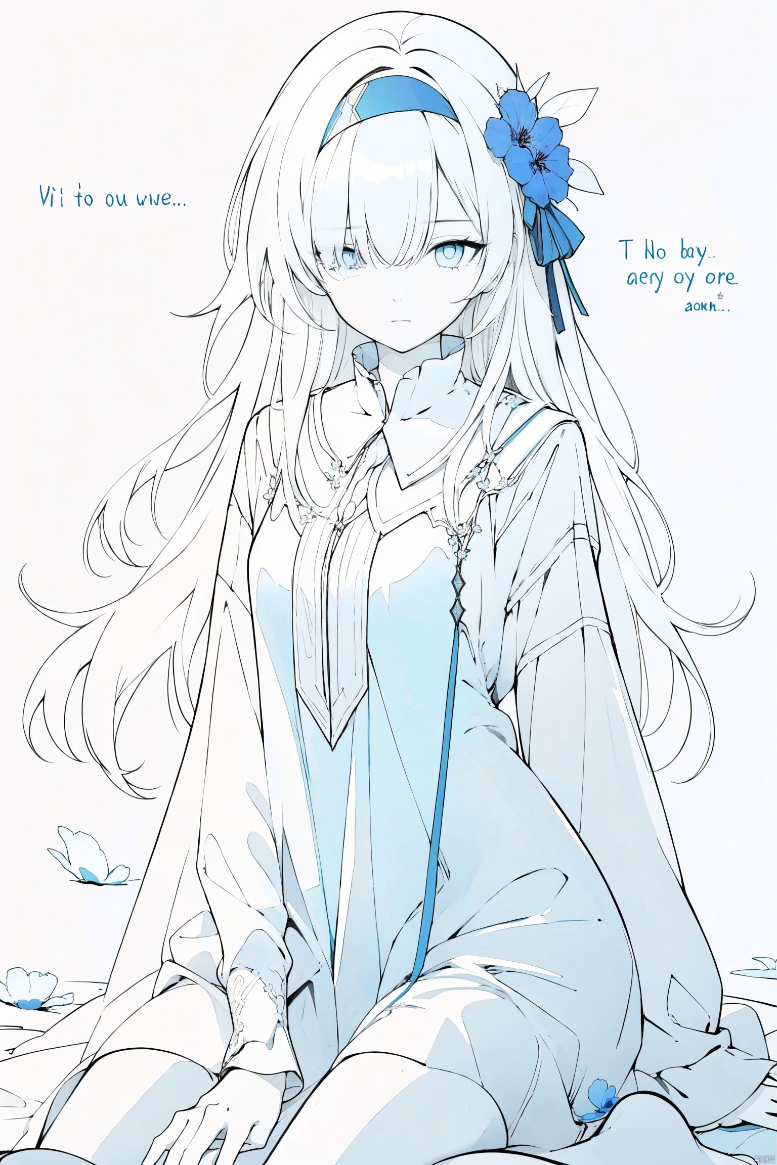  1girl, blue eyes, white long translucent night gown, expressionless, (white hair), hair cover one eye, long hair, blue hair flower, kneeling on lake, blood, (plenty of blue petals:1.35), (white background:1.5), (English text), greyscale, monochrome,greyscale,monochrome,sketch, liuying