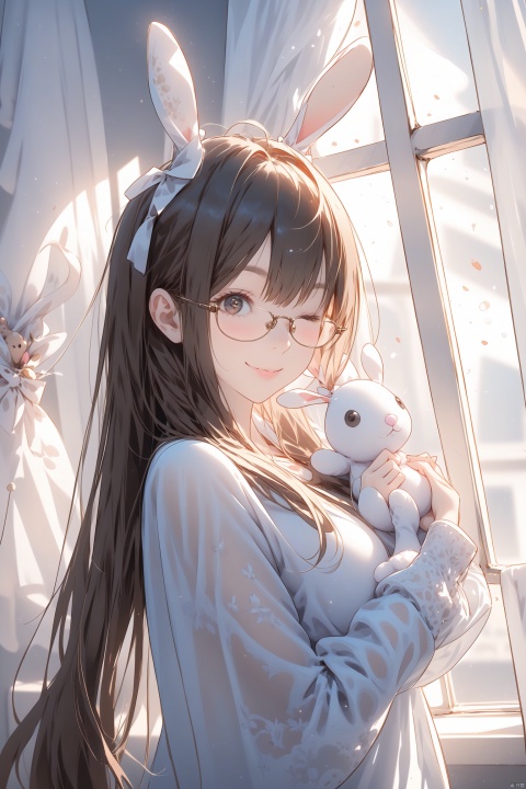  cute girl,1girl, glasses, brown hair, solo, stuffed toy, long hair, stuffed bunny, one eye closed, indoors, stuffed animal, looking at viewer, long sleeves, smile, rabbit, window, curtains, bow, artist name, cute girl,photorealistic, hand101