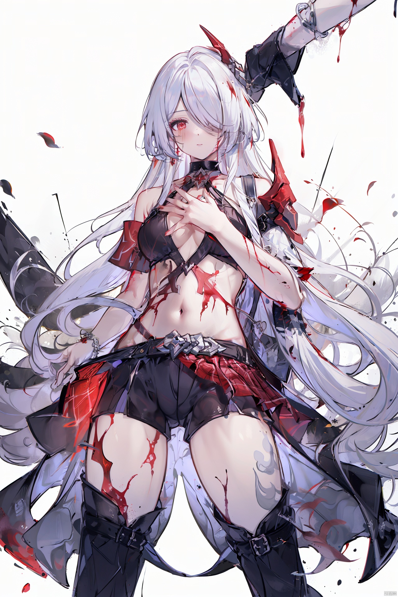  masterpiece, best quality,1girl, alternate costume, solo, bag, looking at viewer, blush, plaid, charm (object), bag charm, bangs, contemporary, sidelocks, jewelry, character name, female woman, white background, 
\\\\\\\\\\\,
(whuangquan:1.2),white hair,asymmetrical clothes,(bloody hand,red hand:1.35) eyes,long hair,hair over one eye,shorts,
, skirt_lift, tattoo on stomach, spread leg