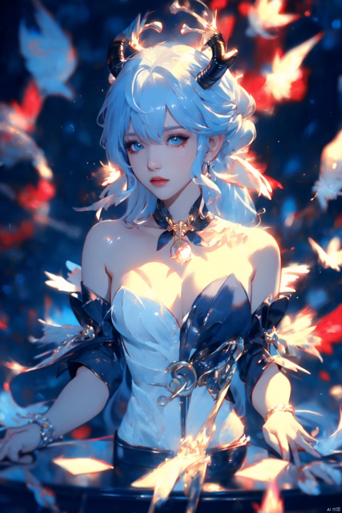  (masterpiece, best quality, best shadow,official art, correct body proportions, Ultra High Definition Picture,master composition),(bust:1.4), (backlight), 
//////
ganyu,1girl,solo,blue hair,ahoge,horns,with a little bell around his neck,detached sleeves, sidelocks,alternate costume,metallic white flower hair accessories,bangs,hair between eyes,bare shoulders,long hair,dress, sexy, plump, 
//////
(dark background), light, 
//////
1girl,cute girl, Metal_wing, masterpiece, ganyu, tattoo on stomach,halo