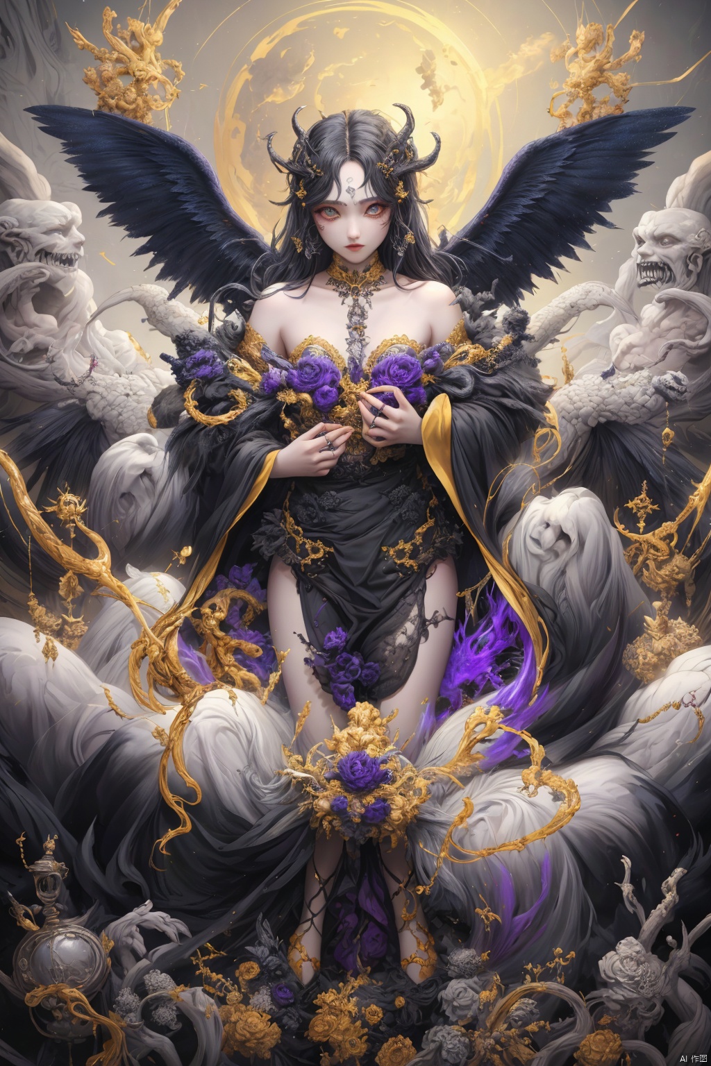  Envision a scene where the demons, having conquered heaven, now revel in their victory. The colors are dark and twisted, with the demons' forms contorted in expressions of cruel delight as they defile the once holy ground of the celestial realm., zgct color, 1girl, best quality