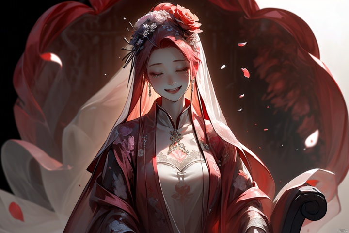  1girl, long hair, solo, veil, flower, closed eyes, dress, smile, wedding dress, hair ornament, petals, dated, ribbon, tears, bouquet, bridal veil, signature, hair flower, red hair, crying, white background, pink hair, upper body,Tombstone, Grave,Paper man, Sedan chair, Suona, Greeting team
,(masterpiece, top quality, best quality),horror (theme),
masterpiece,(masterpiece, top quality, best quality, ((no humans)), scenery, red theme, night, Ylvi-Tattoos, horror (theme),Tombstone, Grave, cute girl, ghostdom,Paper man, Sedan chair, Suona, Greeting team