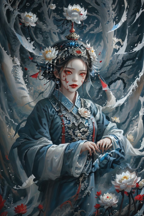  ((masterpiece)),((best quality)),8k,high detailed,ultra-detailed,upper body,((huangfu paper)),1girl,jiangshigirl costume,huangfu,(blood-red eyes)),painted face,with glowing eyes,floats above a field of lotus flowers. The surreal scene blends elements of traditional folklore with a fantastical dreamscape,creating an otherworldly and serene ambiance. ((floating:1.2)),(dreamlike),(lotus field),Unreal Engine rendering,exploring the intersection of dreams and the supernatural, qiuyinong, drakan_longdress_dragon crown_headdress, qzcnhorror, horror (theme)