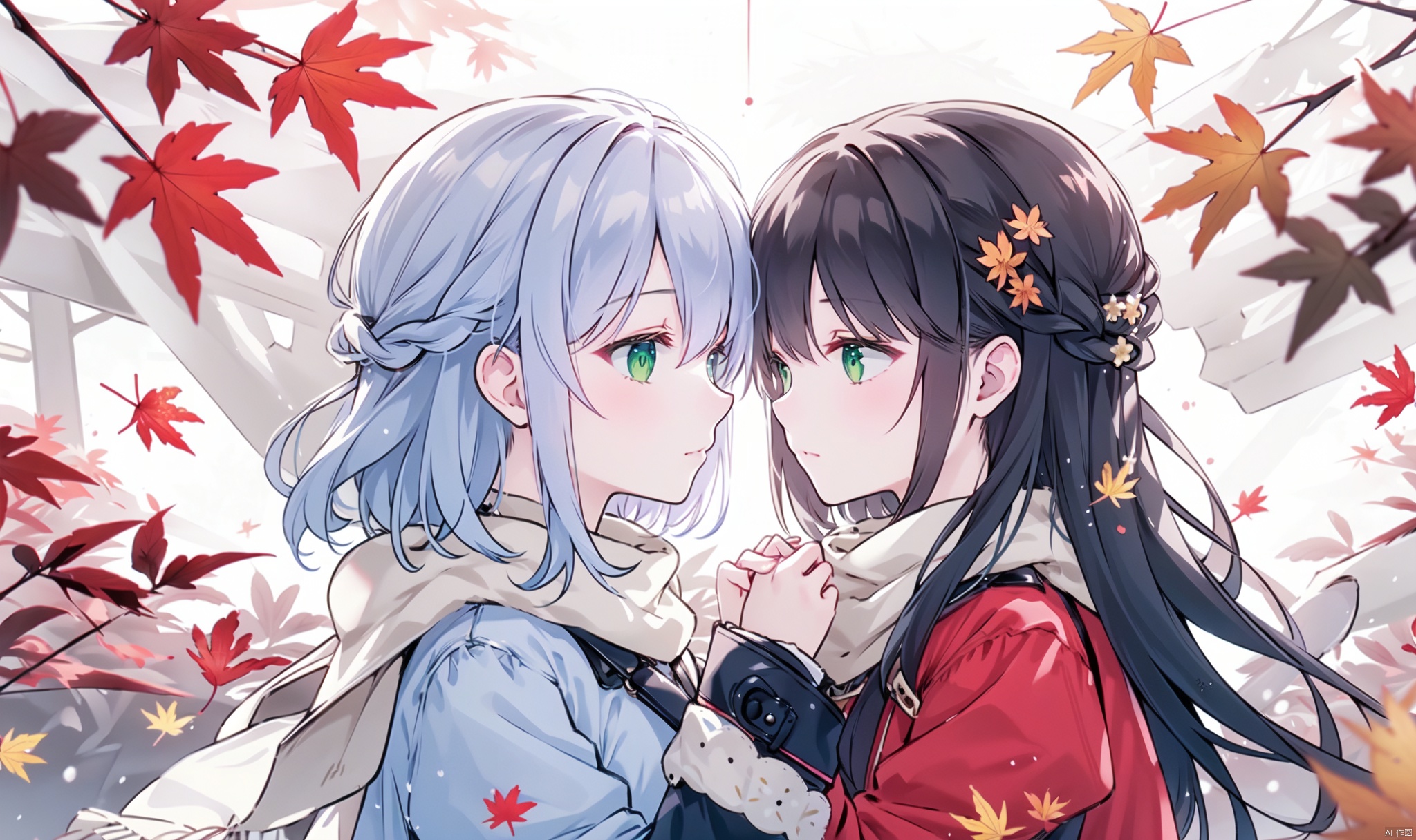 1girl, long hair, bangs, brown hair, black hair, long sleeves, 1boy, closed mouth, upper body, hetero, hand up, scarf, looking at another, coat, profile, leaf, expressionless, wind, light particles, eye contact, height difference, branch, white scarf, autumn leaves, yellow theme, clothes grab, A couple look at each other affectionately, Aesthetic, The seasons change, Winter, Autumn, Spring, Summer, Snow theme, Purple theme, Green theme, from side