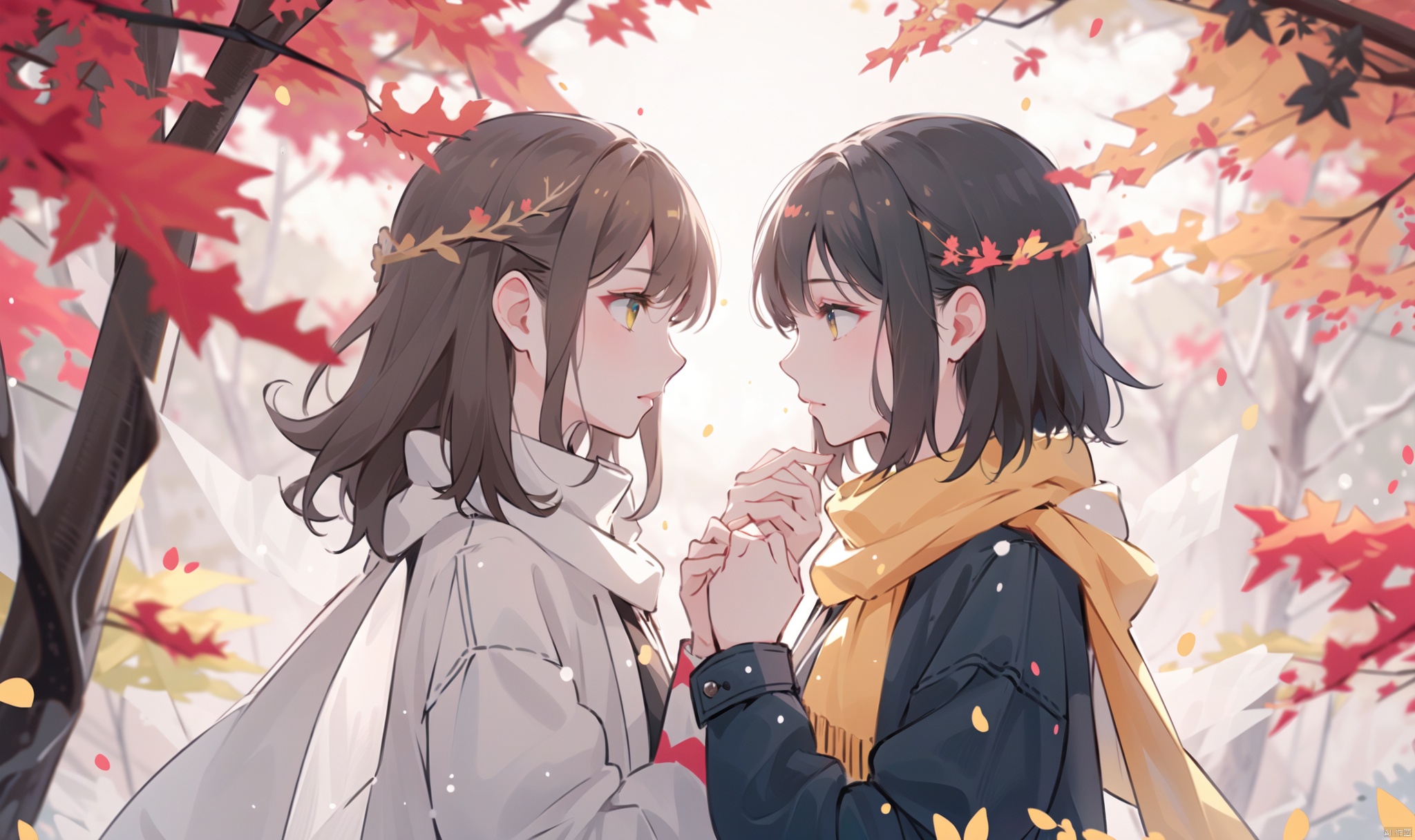 1girl, long hair, bangs, brown hair, black hair, long sleeves, 1boy, closed mouth, upper body, hetero, hand up, scarf, looking at another, coat, profile, leaf, expressionless, wind, light particles, eye contact, height difference, branch, white scarf, autumn leaves, yellow theme, clothes grab, A couple look at each other affectionately, Aesthetic, The seasons change, Winter, Autumn, Spring, Summer, from side