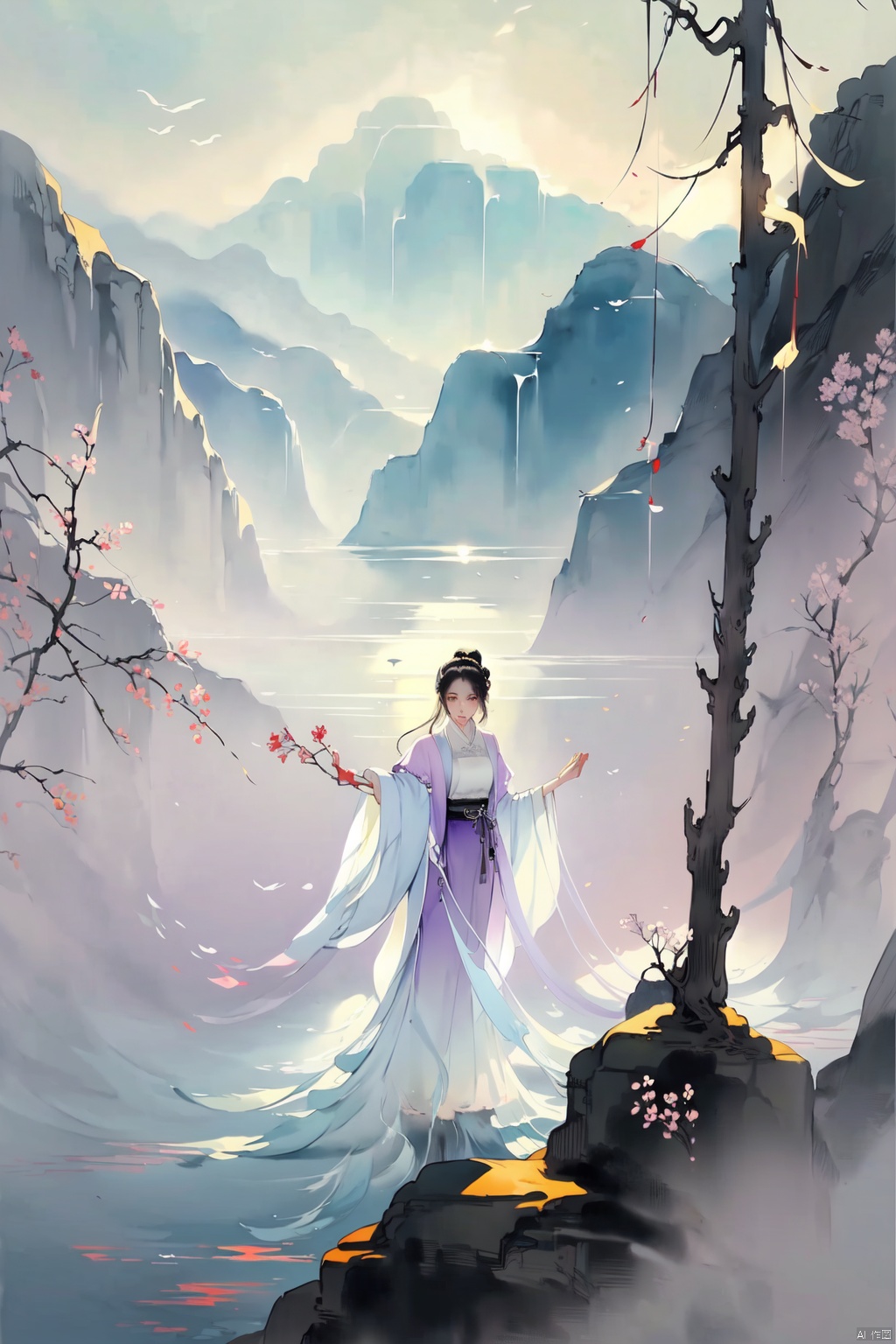  In one ink painting, a woman dressed in lilac stands in front of a foggy landscape. Her figure seems to be part of the painting, integrated with the surrounding mountains and water. Her eyes are deep, as if in contemplation of the mood. Her outstretched hands, moving her graceful body, her fingers gently touching the hem of her skirt, reveal a gentle sensuality in her movements. Traditional Chinese ink painting;