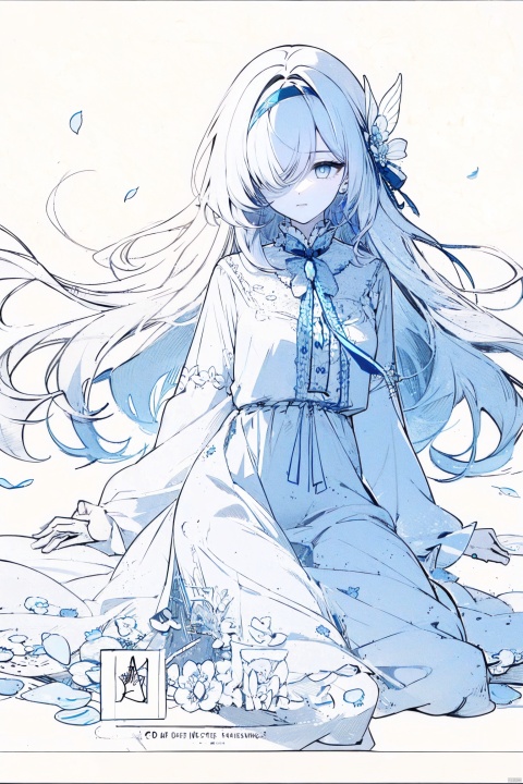  1girl, blue eyes, white long translucent night gown, expressionless, (white hair), hair cover one eye, long hair, blue hair flower, kneeling on lake, blood, (plenty of blue petals:1.35), (white background:1.5), (English text), greyscale, monochrome,greyscale,monochrome,sketch, liuying