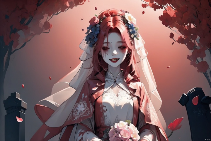  1girl, long hair, solo, veil, flower, closed eyes, dress, smile, wedding dress, hair ornament, petals, dated, ribbon, tears, bouquet, bridal veil, signature, hair flower, red hair, crying, white background, pink hair, upper body,Tombstone, Grave
,(masterpiece, top quality, best quality),horror (theme),
masterpiece,(masterpiece, top quality, best quality, ((no humans)), scenery, red theme, night, Ylvi-Tattoos, horror (theme),Tombstone, Grave, cute girl, ghostdom