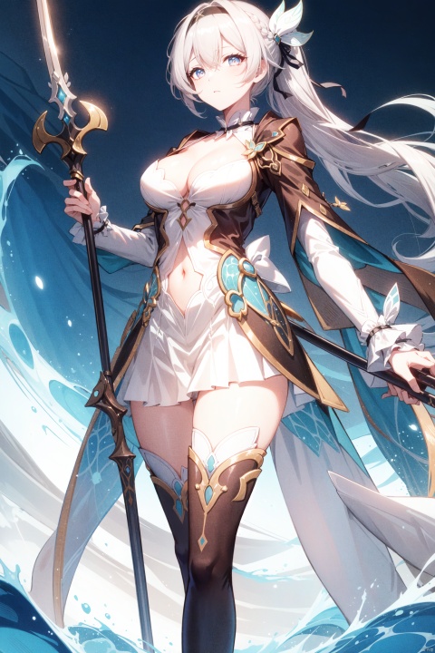 breasts, 1girl, long hair, black dress, very long hair, dress, large breasts, morgan le fay \(fate\), bangs, ponytail, hair bow, blue eyes, bow, french braid, long sleeves, looking at viewer, white dress, grey hair, pelvic curtain, sidelocks, braid, boots, thighs, solo, wide sleeves, center opening, two-tone dress, black bow, thigh boots, black footwear, spear, weapon, cleavage, polearm, tiara, thighhighs, navel, spikes, tattoo,流萤, LiuYing,liuying