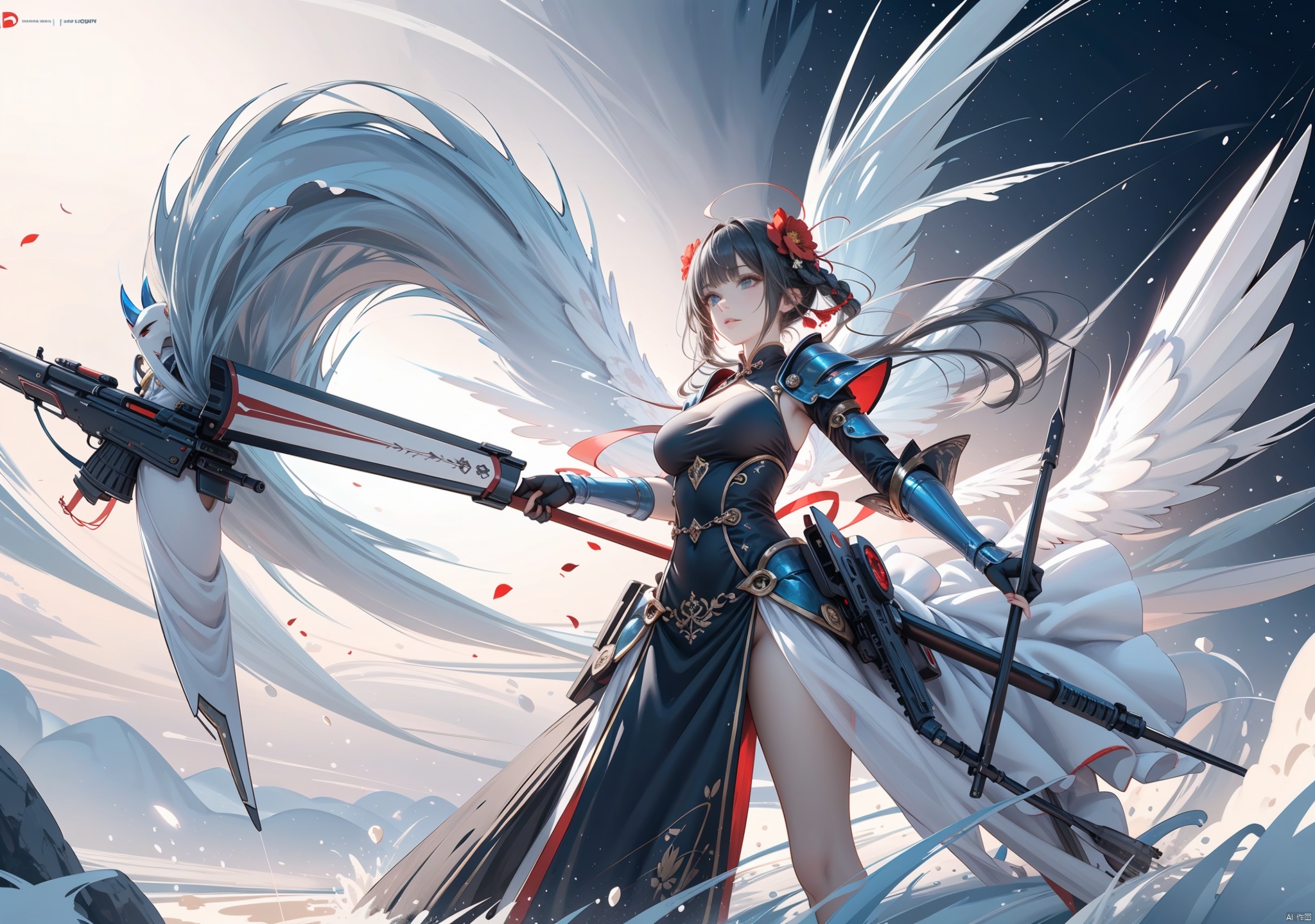  Surrounded by rotating transparent red scrolls, floating transparent red Chinese characters, dynamic, rotating, 1 girl standing in the air, not looking at the camera, writing calligraphy, solo, blue eyes, holding, weapon, holding weapon, glow, robot, mecha, science fiction, open_hand,movie lighting, strong contrast, high level of detail, best quality, masterpiece,heigirl,crystal_dress , crystal , wings,guijian, flowing skirts,（smoke）,Giant flowers, tattoo, mask, greendesign, Ink painting, Hourglass body shape, lora_eyes10
