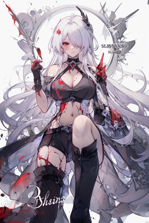  masterpiece, best quality,1girl, alternate costume, solo, bag, looking at viewer, blush, plaid, charm (object), bag charm, bangs, contemporary, sidelocks, jewelry, character name, female woman, white background, 
\\\\\\\\\\\,
(whuangquan:1.2),white hair,asymmetrical clothes,(bloody hand,red hand:1.35) eyes,long hair,hair over one eye,shorts,
, tattoo on stomach, spread leg