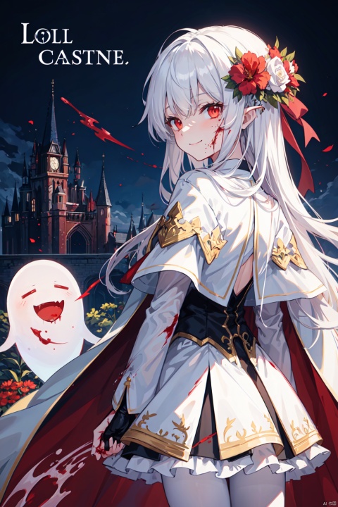  1girl, (loli:1.2), red eyes, white cape, (white hair), long hair, (red hair flower), (blood:1.2), (ghost castle:1.2), (english text), (silhouette), long bangs, evil smile, cover, text below, (distant view:1.2), ethereal dragon, backlight, colors, white pantyhose