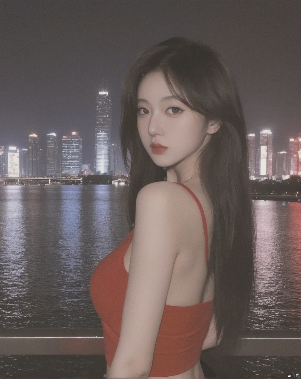 scenery,city,building, cityscape,skyscraper, night,city lights,outdoors,bridge,science fiction, water,1girl, long hair, black hair, solo,sideboob,cleavage,from front,sleeveless, red shirt, shirt,looking at viewer, araffe woman in a red top , 1 8 yo, all red, vibrant red, lariennechan,photoshop \(medium\), realistic,best quality, high quality, 